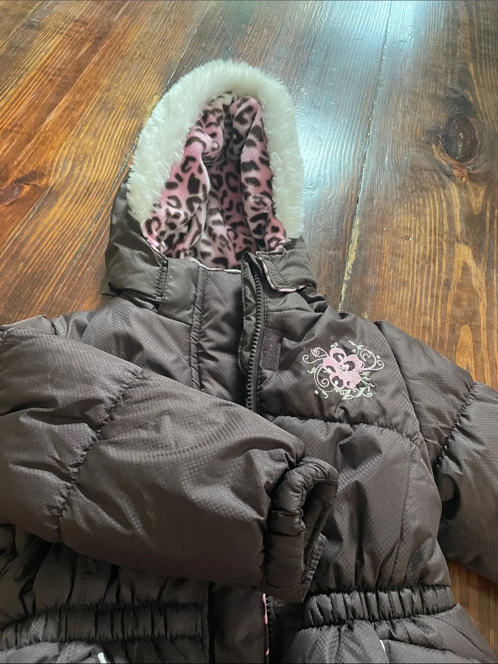 ZeroXposur Girls Brown Puffer Coat with Pink Leopard Hood Lining
